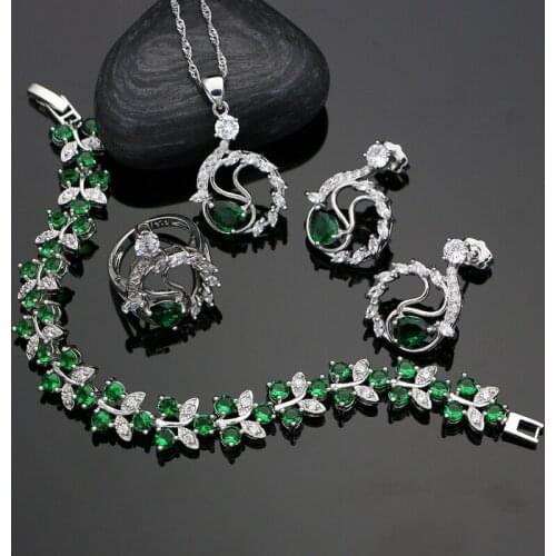 Green Cubic Zirconia Silver 925 Bridal Jewelry Sets White CZ Decoration For Women Earrings/Ring/Bracelet/Pendant/Necklace Set