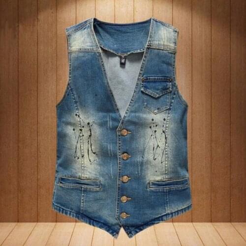 Summer Fall Fashion Men Male Painted V Neck Sleevelesse Slim Fit Waistcoat Denim Vest , Autumn Printed Jeans Vests Coat For Man