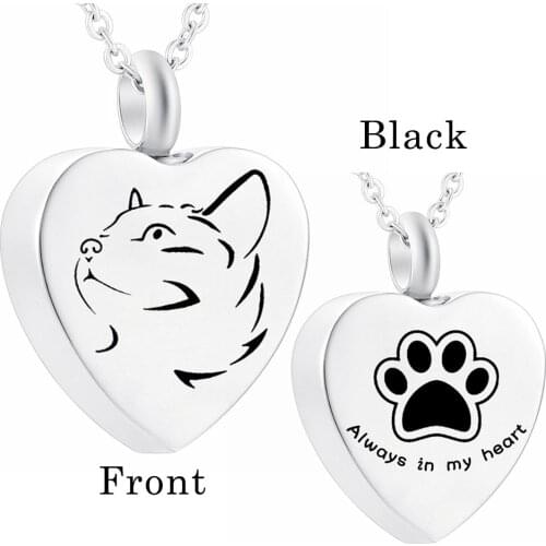 Stainless Steel Cat Memorial Heart Pendant , Pet Paw Print Urn Necklace For Ashes Cremation Jewelry Suit of Gift Velvet Bag