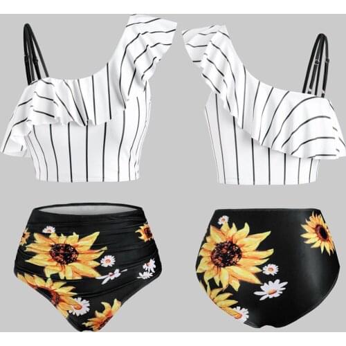 #H30 Sexy high waist bikini 2020 One shoulder swimsuit female Ruffle bathing suit Retro floral print swimwear women bathers