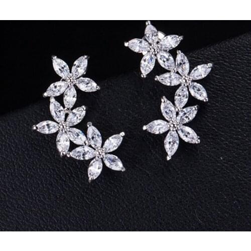 Three Flower Silver colour crystal stud earrings cz stud earrings for women jewelry
