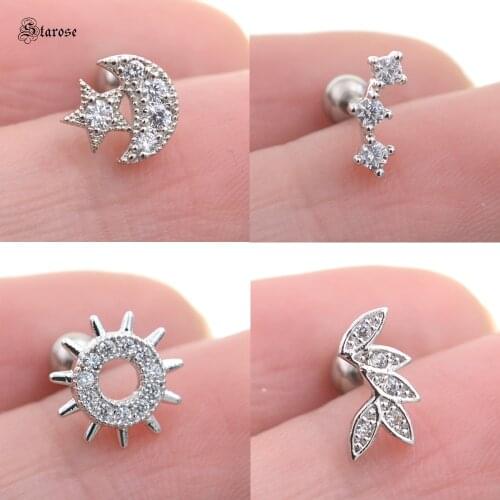 Starose 1pc 18G Rod Crystal Snowflake Star Moon Leaf Ear Stud Helix Piercing Tragus Cartilage Lobe Earrings Nose Rings Jewelry