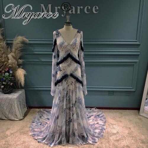 Mryarce Unique Bride Boho Chic Wedding Dress Blue Floral Print Bohemian Bridal Gowns With Tassels