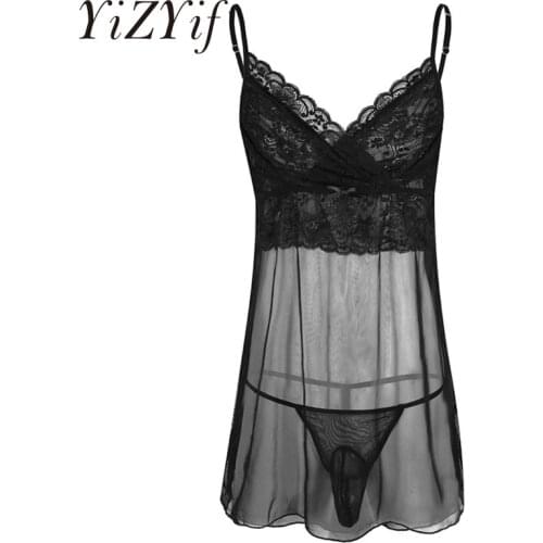YiZYiF Gay Men underwear sissy thong Sheer Mesh Mini Dress with G-string jockstrap Gay Sleeveless Sexy Men lingerie string homme