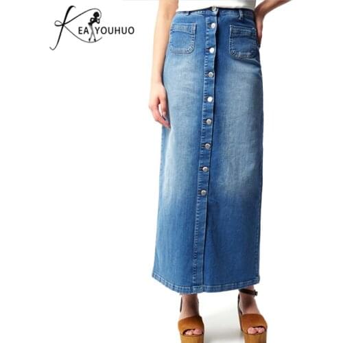 Skirts Woman Fashion 2019 Summer Button Front Slit Hem Pocket Patch Denim Long Skirt Women Casual High Waist Pencil Skirt Ladies