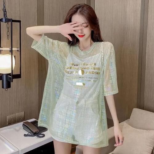 Summer Net Red Super Fire T- Shirt Mid-length Top 's Short-sleeved Women Mesh O-neck Casual Letter Long LOOSE Tees