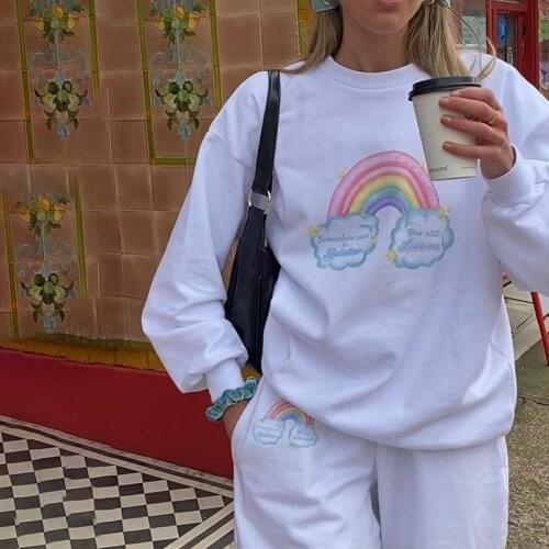 Womens Casual Sweatshirt Rainbow Printed Basic Cotton Hoodies Long Sleeve Streetwear Pullover Vintage Solid White Sweatshirt