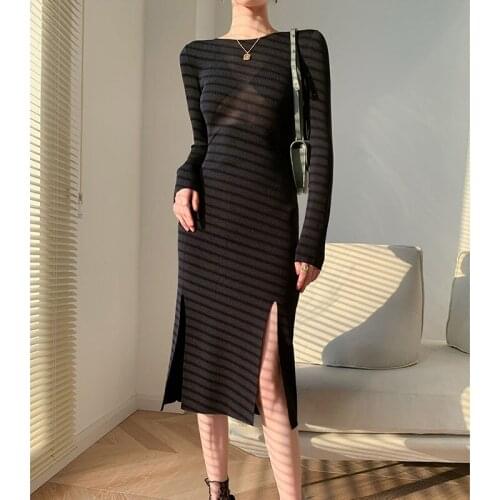 Women Black High Quality Ice Silk Fabric Perspective Design Sexy Knittrd Mid-Length Dress Fashion O-Neck Split Sweater Skirt