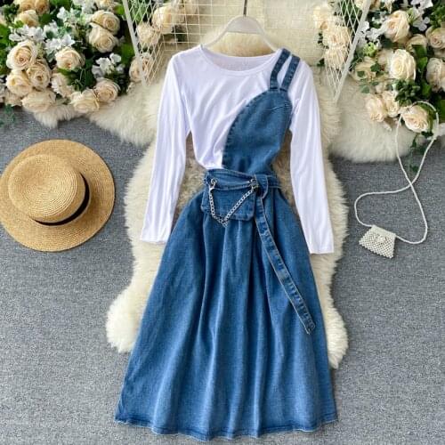 2021 Casual Spring Autumn Female Retro Denim one-shoulder sling Dress + long-sleeved T-shirt Two-piece suit trend