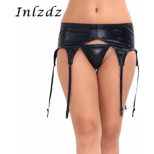 Womens Lingerie Leather Garter Panty for Sex Wetlook Plastic Clip Sock Garter Belt Holder Fastener Suspender with G-string