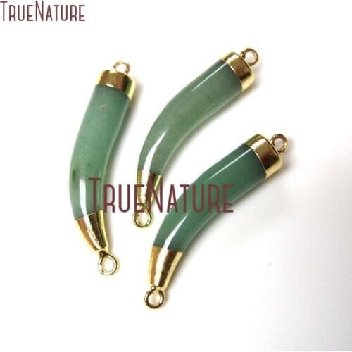 10Pcs Latest Aventurine Jades Double Bail Pendant Gold Electroplated Horn Tusk Connector Outlet 33x7mm PC8