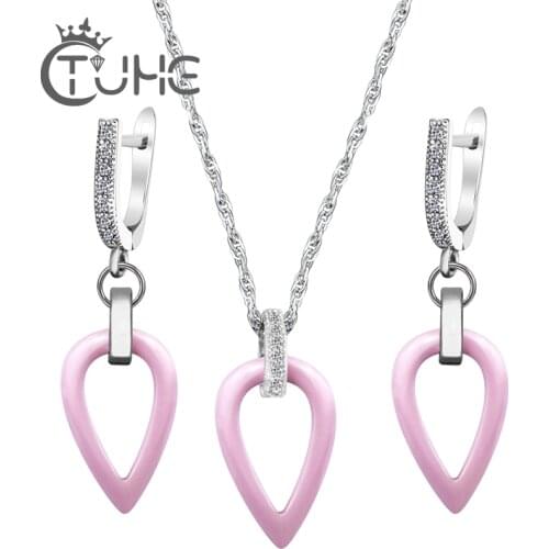 2017 Fashion Inverted Triangle Earrings & Necklace for Women Elegant Style Stainless Steel Pink Ceramic Jewelry Set