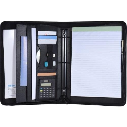 A4 PU Leather Multifunctional Document Folder Case Office Business Portfolio Padfolio Organizer Zippered Closure Loose-leaf
