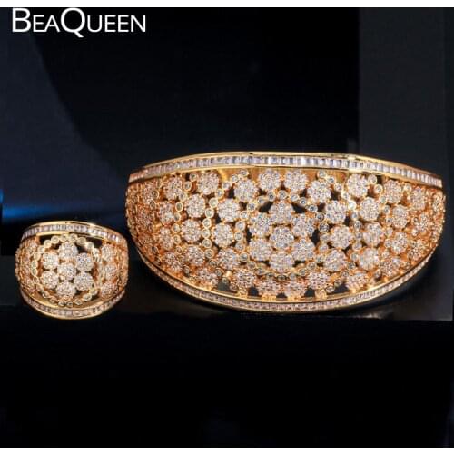 BeaQueen Luxury Large Wide Bangle Ring Set for Women Wedding Cubic Zircon Crystal Saudi Arabic Dubai Gold Jewelry Sets JS218