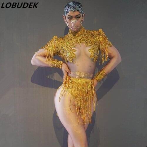 Stretch Spandex Bodysuit Pole Dancing Costume Gold Silver Sequins Tassel Long Sleeve Stage Leotard Nightclub Clothing