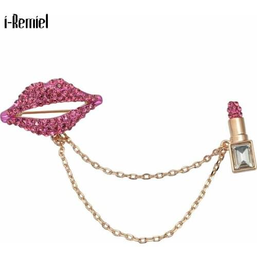 Pink Lips Lipstick Crystal Rhinestone Brooches Pins Chain Tassel for Women Suit Coat Shirt Collar Lapel Pin Clothing Accessories