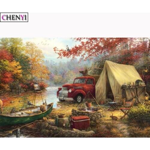 CHENYI 5D DIY Diamond Painting Landscape Outdoor Boat Deer Cross Stitch Kits Diamond Embroidery Needlework Home Decoration Gift