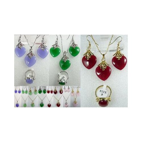Color-purple/green/pink/red heart love pendant earrings /ring set can choose
