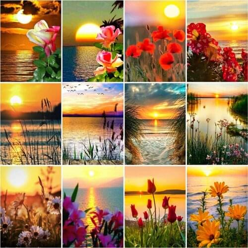 DIY 5D Diamond Painting Sunset Flower Full Circle/Full Square Rhinestone Kit Cross Stitch Mosaic Home Hand-painted Decoration