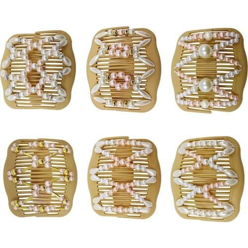 Retro Double Hair Comb Clip Womens Elastic Pearls Beads Hairpin Updo Tools