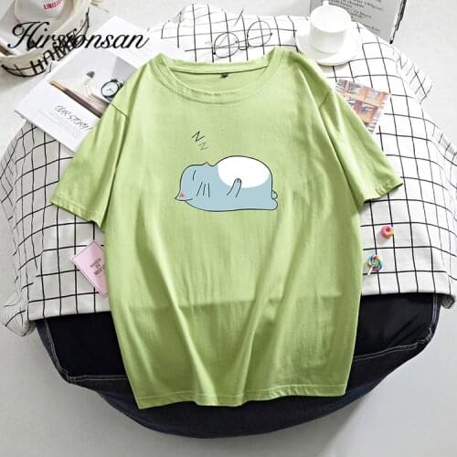 Hirsionsan Kawaii Cartoon T Shirt Women 2020 Summer O Neck Tee Female Cotton Tees Korean White Black Tshirt Loose Plus Size Tops