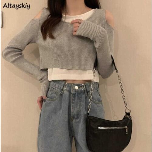 T-shirts Women Spring Off Shoulder Patchwork All-match Ropa Fashion Round Neck Long Sleeve Students High Street Ulzzang Crop Ins