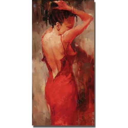 Beautiful Red Dress Girl Back Paintings for Living Room Wall Handpainted Cheap Modern Figure Oil Painting Sexy Wall Art