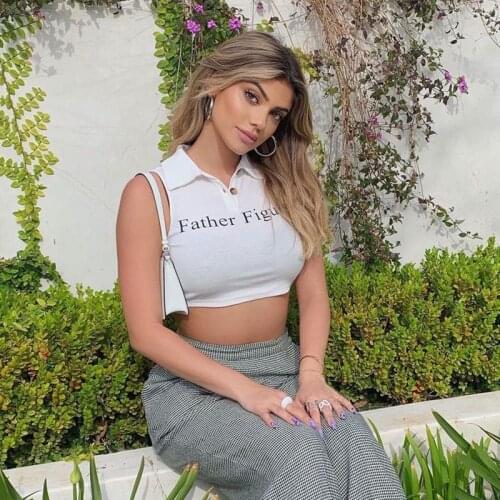 Y2K Summer Womens Sleeveless Short Tank Tops Stand Collar Letter Print Navel Exposed Slim Fit Female Girls Crop Top