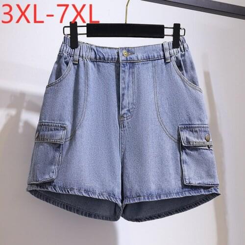 New 2021 Ladies Summer Plus Size Jeans Shorts For Women Large Loose Wide Leg Blue Cotton Pocket Denim Shorts 3XL 4XL 5XL 6XL 7XL
