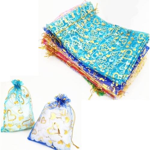 New 50Pcs Organza Bag Heart-shaped Wedding Candy Gift Pouch Bronzing Party Package Bags 7x9 9x12 11x16 13x18 15x20 20x30 8Z