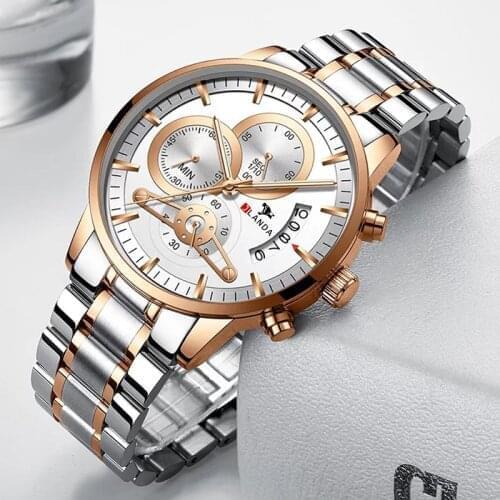 JLANDA New Mens Wrist Watches Solid Steel Waterproof Coated Glass Luminous Three-Eye 6-Pin Fashion Casual Sport Style Quartz