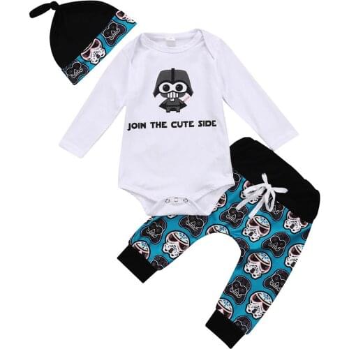 Toddler Baby Boys Girls 0-18M Fashion Clothes Set 3PCS Long Sleeve Cartoon Letter Print White Romper Tops+Long Pants+Hats