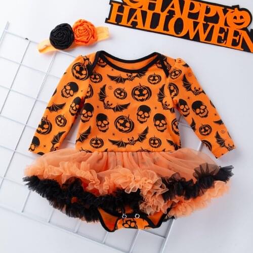 2 PCS 0-2 Years Baby Girls Romper Dress Halloween Pumpkin Witch hat Party Clothing Cotton Casual Costume