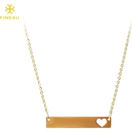 FINE4U N117 Gold Color Blank Bar Pendant Necklace 316L Stainless Steel Chain Necklaces Women Jewelry Hollow Heart Necklaces