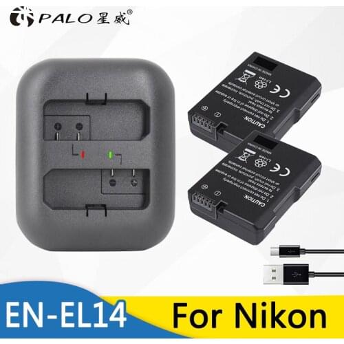 Palo 2pc EN-EL14 EN EL14 ENEL14 Li-ion Camera Battery + USB Dual Charger for Nikon D90 D300 D5300 D3300 for COOLPIX P7100 P7200