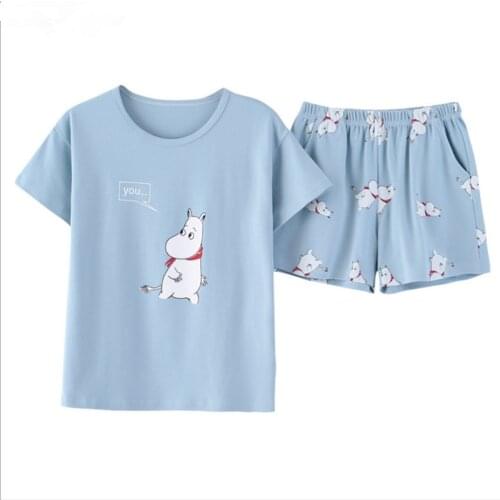 Cartoon Top With Shorts Pajama Set Ladies Short Sleeve Cute Cotton Pajama Set 2018 Summer Stretchy Pajama Set AD205