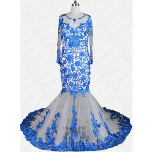 RSE229 Sexy Mermaid Royal Blue Party Dresses Evening Dress Long Sleeve High Low Gowns