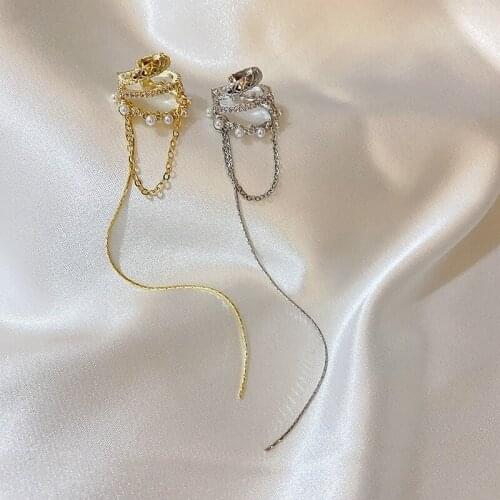 VSnow Luxury Gold Silver Color Long Tassel Pearl Clip Earrings for Women Multi-turn Chain Statement Metal Earrings Jewelry