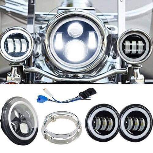 White halo moto 7'' LED Headlight with Matching white halo 4.5 Inch LED Passing Lamps Fog Light for Harley Davidson