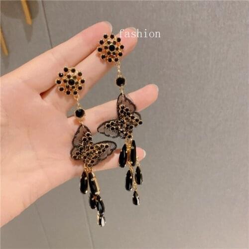 Vintage Black Color Crystal Butterfly Dangle Earrings for Women Long Tassel Shining Rhinestone Earrings Party Fashion Jewelry
