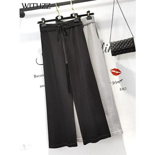 WITHZZ Women Spring Autumn Comfortable High Waist Trousers Loose Female Sports Casual Knitted Wide Leg Pants