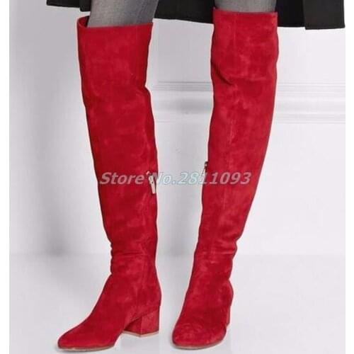 Medium Block Heel Suede Boots Round Toe Over The Knee Boots Woman Fashion Winter Long Boots Riding Boots Zipper Solid Footwear
