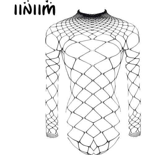 Womens Femme Fishnet Bodysuits Porno Tights Hollow Out Mesh Body Stocking Sleepwear Lingerie Teddies for Clubwear Nightwear
