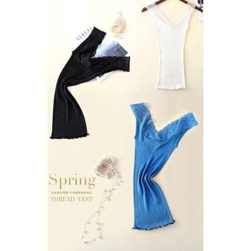 Ladies Lace V-neck Sling Silk Plus Cotton High Stretch Vest Threaded Knit Slim Sexy Solid Color Bottoming Shirt