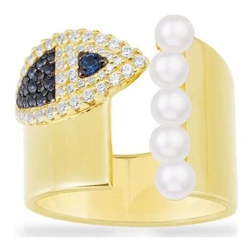 SLJELY High Quality Fahsion Real 925 Sterling Silver Yellow Gold Color Lucky Fish Open Ring with Pearls Women Fine Brand Jewelry