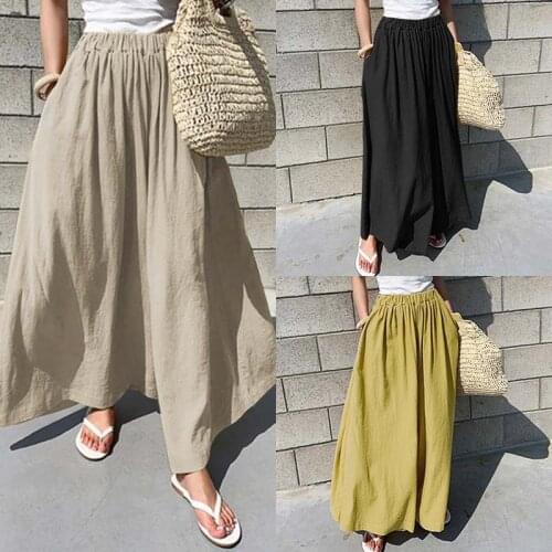 ZANZEA Women Pants Oversized Female Work Office Long Trousers Cotton Solid Wide Leg Pantaloes Loose Pockets Streetwear Bottoms