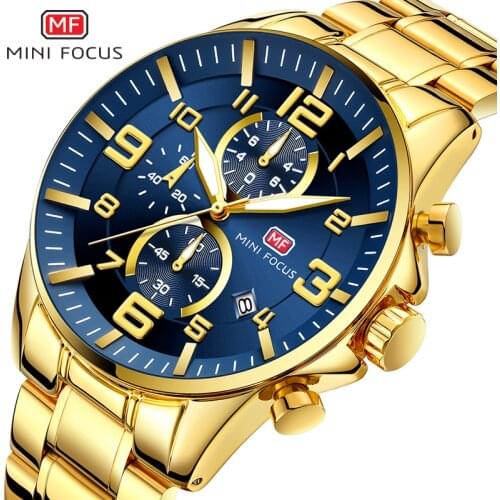 MINI FOCUS Fashion Gold Chronograph Mens Watches Top Brand Luxury Stainless Steel Male Wrist Watch Quartz Watch Men Waterproof