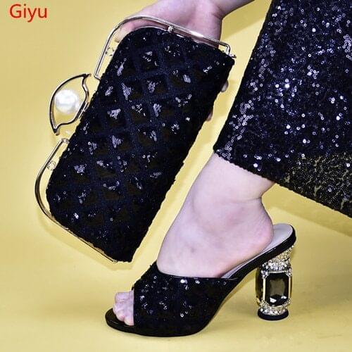 Doershow new coming African Wedding Shoes and Bag Set black Italian Shoes with Matching Bags Nigerian Women party!!HAB1-1