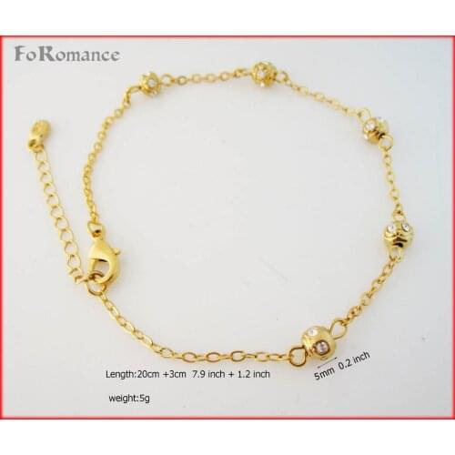 FOROMANCE/ 7.9" PLUS 1.2 INCH EXTENSIVE CHAIN YELLOW GOLD GP BEADS BEAD CHARMS WITH STONE BRACELET ANKLET BEADS WIDTH 5MM