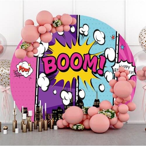 Laeacco Superhero Baby Birhday Party Comics City Buildings Poster Portrait Round Circle Photo Backgrounds Photography Backdrops